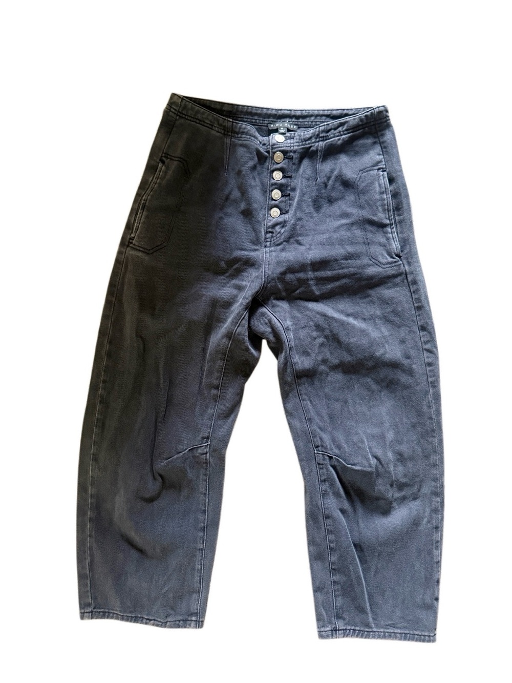 Miou Muse Washed Cotton Barrel Pants in a dark wash blue navy Sz m high waisted